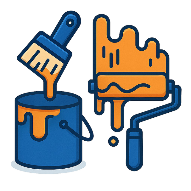Professional Painting Tools Icon of paintbrush, roller, and paint can representing interior painting services