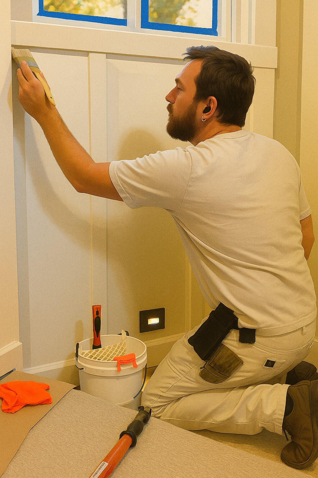 Interior House Painting Monterey, Marina, Seaside, Carmel Painter applying fresh coat of paint to interior wall trim in Monterey Peninsula home, serving Marina, Seaside, Pacific Grove, and Carmel
